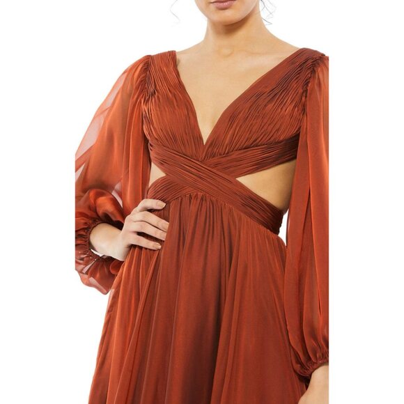 Mac Duggal Size 4 Copper Chiffon Corset Lace Up Back Long Sleeve Maxi Dress Gown - Picture 4 of 5